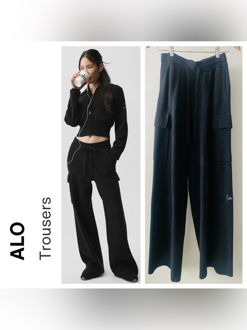 ALO Yoga Black Scholar Knit High-Waist Cargo Pant Trousers